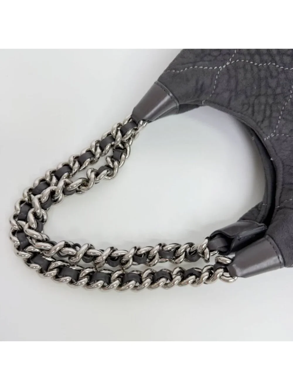 Chanel Sports Line CC Logo Chain Shoulder Bag Suede Leather Gray Silver Vintage